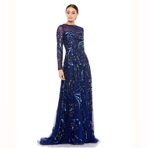 Mac Duggal  Blue Longsleeve Illusion Beaded Navy Midnight size 14 style # 5217